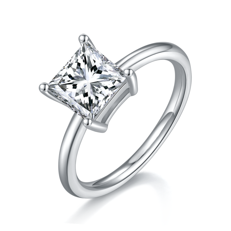 Classic正方形S925银镀白金MoissaniteWomen's Ring2.0ctD级
